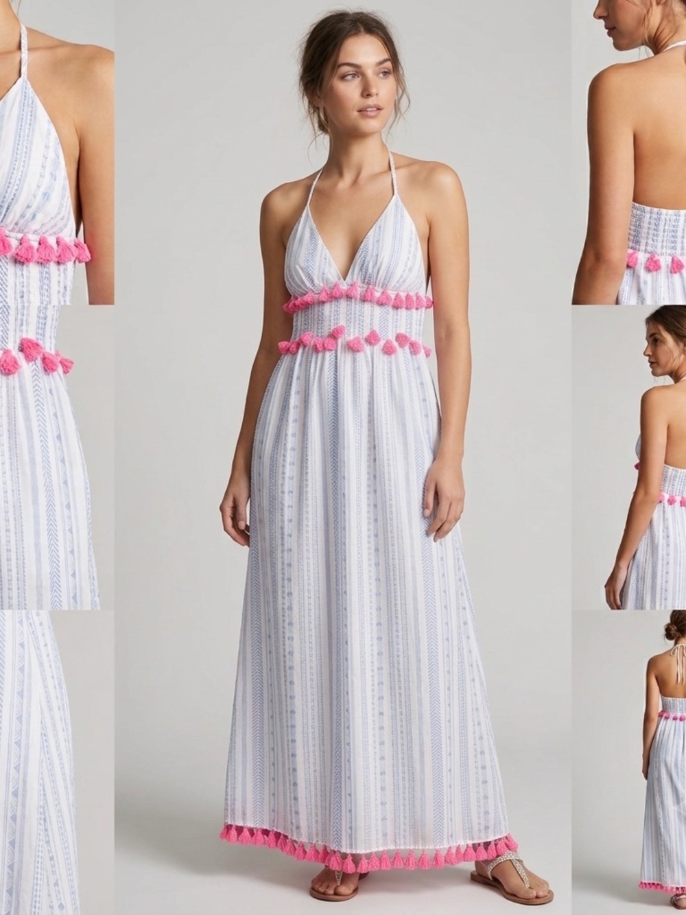 Sail To Sable White Blue Link Tassel 100% Cotton Open Back Maxi Dress Women’s XL